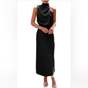 PRETTYGARDEN Women's 2024 Summer Satin Dress Elegant Sleeveless Mock Neck